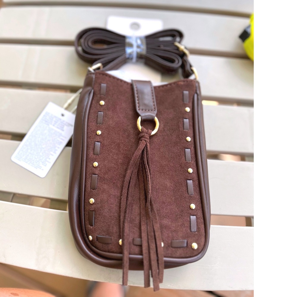 Primark Womens Brown Faux Suede Studded Tassel Phone Crossbody Bag New